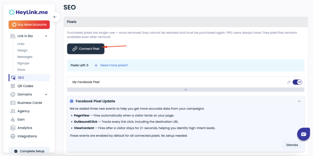 Tracking Pixels location in Heylink.me Dashboard 