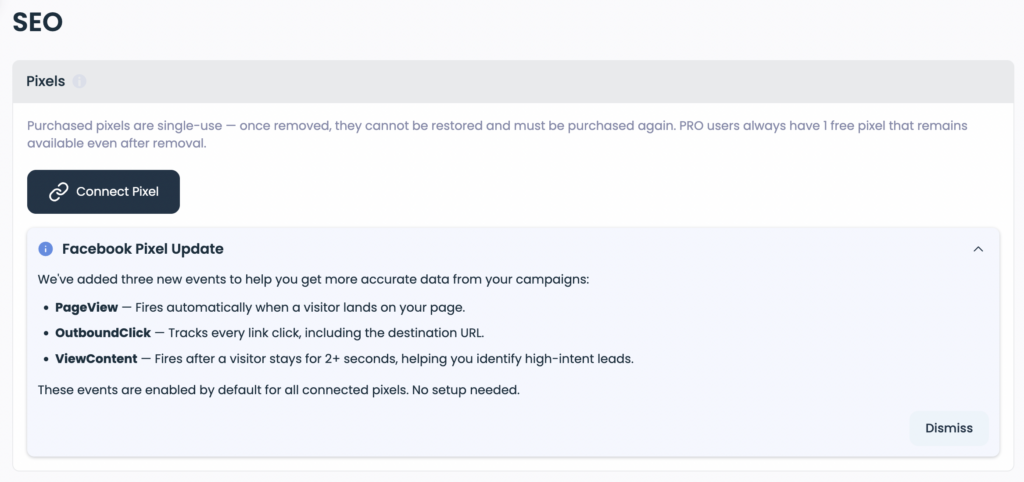 Tracking Pixels section on HeyLink.me